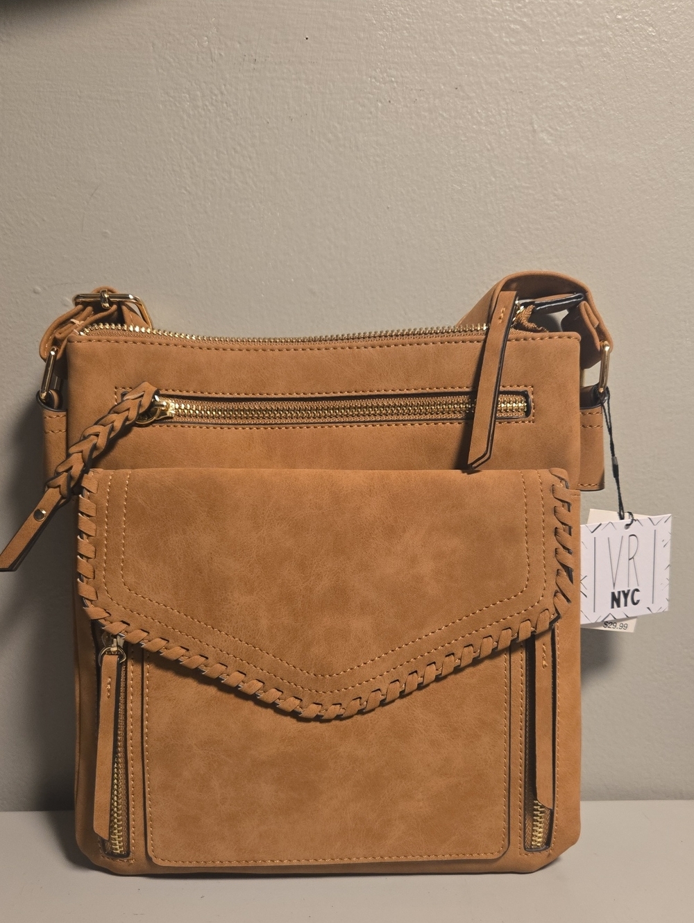 VR NYC Tan Crossbody Bag with Woven Detail